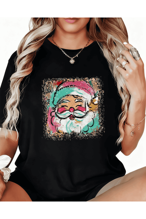 Colorful Santa Face Print Tshirt Black Graphic Tees Shirts S-5XL Christmas Casual Trendy Classic Trendy Classy Tops
