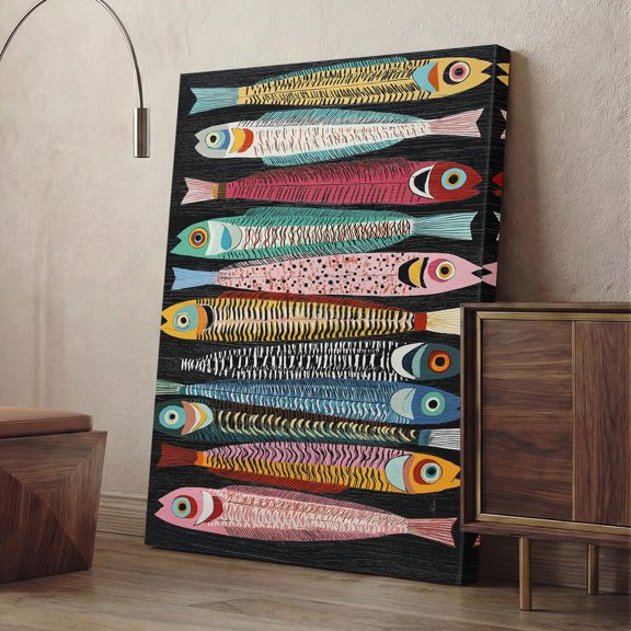 Colorful Sardines Print, Whimsical Fish Wall Art, Eclectic Kitchen Decor, Funky Seafood Illustration, Coastal Folk Art Poster, Stretched Canvas 8x10in