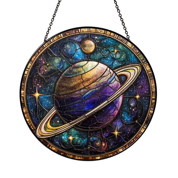 Colorful Saturn Stained Glass Suncatcher Window Hanging Decor, Cosmic Space Art Glass Panel with Rings, Galactic Starry Sky Design Decorative Window Ornament for Celestial Home Gift