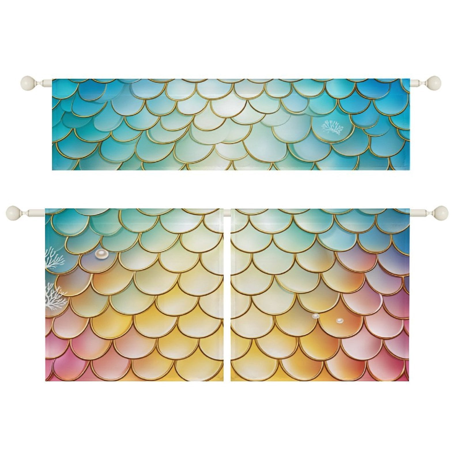 Colorful Scale Pattern Kitchen Curtain Valance Tier Set, 3 Pieces Semi ...