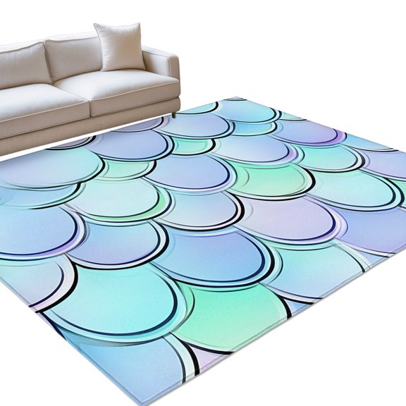 Colorful Scales Area Rugs 6x9ft Blue Teal Green Fish Scales Cartoon Ocean Floor Rug Non Slip Low Pile Ultra Soft Throw Carpet for Entryway Indoor Entrance Kitchen Bathroom