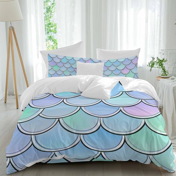 Colorful Scales Full Size Comforter Set, Blue Teal Green Fish Scales Ocean Bedding for All Seasons, 4 Pcs Bed Set, 1Quiltcover (86"x86") ,1Sheet(80"x116"), 2Pillowcases (30"x20")
