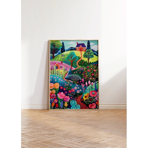 Colorful Scenery Wall Art, Flower Garden Landscape, Bright Summer Vibrant Floral, Botanical Drawing, Patchwork Decor Wall Art, Modern Wall Decor, 16x24 UNFRAMED