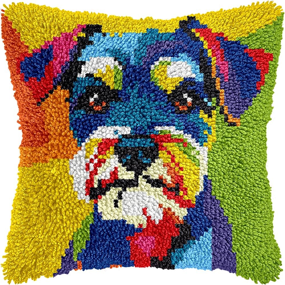 Colorful Schnauzer Latch Hook Kits Pillow DIY Pillowcase Crochet Hook Cushion Making Kits with Preprinted Pattern Canvas Instruction Yarns Pillow Cover Easy Starter DIY Crochet Kits 43x43cm（L71)