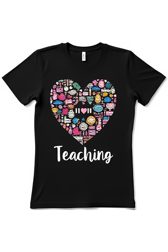 Colorful School Supplies Heart T-Shirt Black Teaching Tee with Pink Heart III