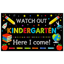 Colorful School Supplies Themed Backdrop Banner for Kindergarten Entrance Celebration Watch Out Kindergarten Here I Come Party Decorations Photography Props Classroom Background