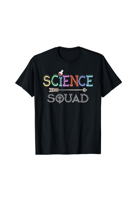 Colorful Science Squad Graphic T-Shirt for STEM Enthusiasts and Educators