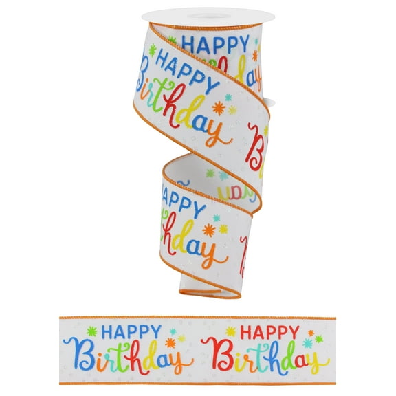 Colorful Script Happy Birthday Ribbon - 2 1/2" x 10 Yards, Wired Edge, Polka Dots, Banner Balloons, Party, Wreath, Baby, Boy, Girl, Bows