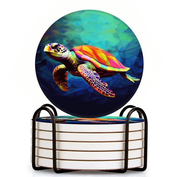 Colorful SeTurtle Art Style Set of 6 Ceramic Coasters with Holder, Absorbent Drink Bar Coasters, Table Coasters for Living Room Decor Tabletop Protection