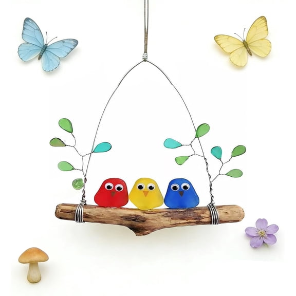 Colorful Sea Glass Bird Perch, Handmade Rainbow Birds Wall Art, Bird-Inspired Handcraft, Vibrant Rainbow Color Scheme, Driftwood Art for Balcony Garden Home Decor for Nature Lovers (3 Birds)