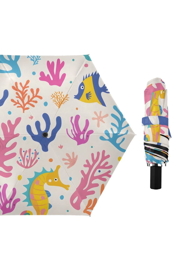 Colorful Sea Horses Corals Fishes All Weather Umbrella Triple Folding Parasol 6 Ribs UV Protection Portable