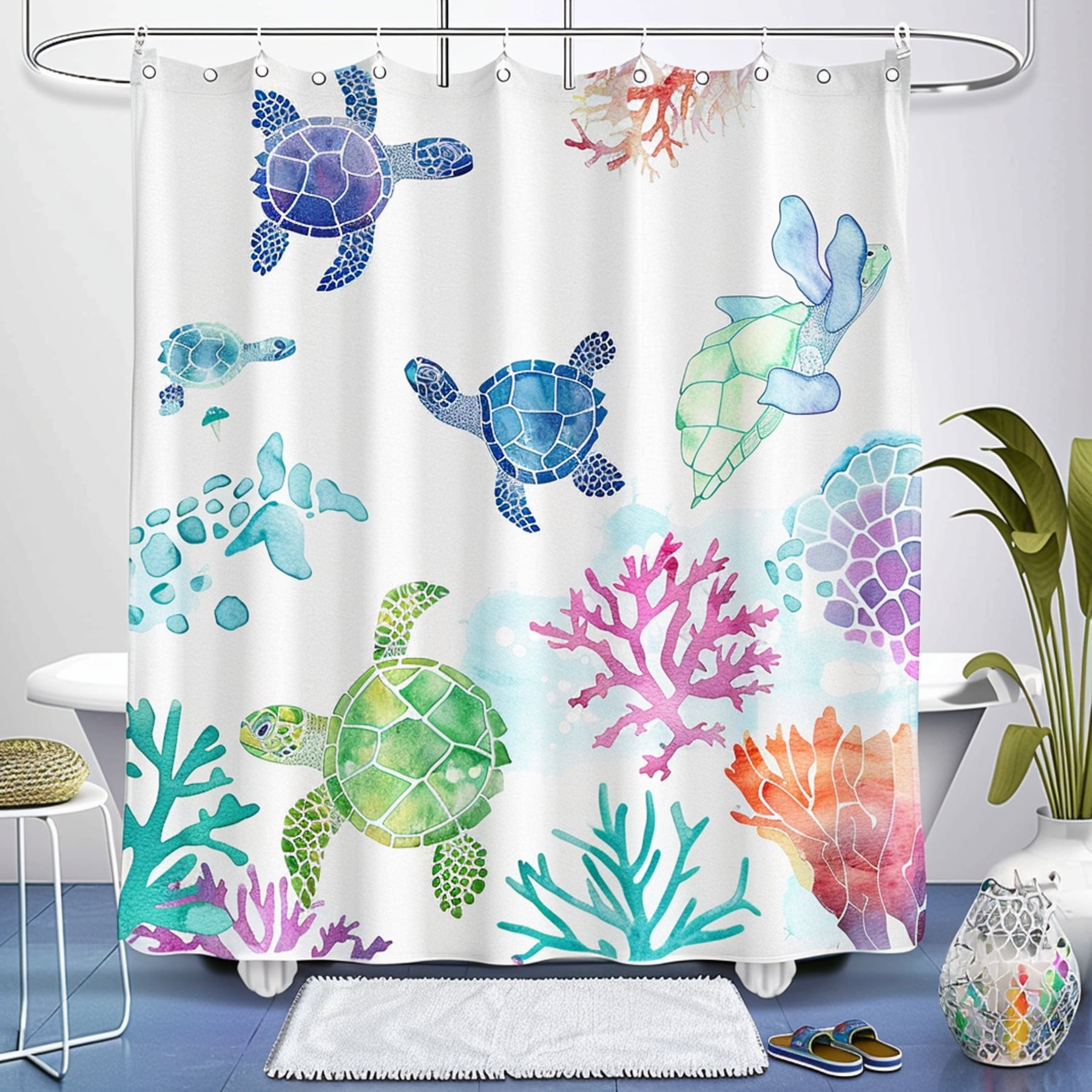 Colorful Sea Life Watercolor Shower Curtain Summer Beach Theme Bathroom