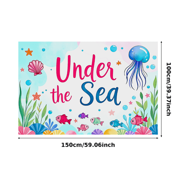 Colorful Under the Sea Themed Backdrop Banner with Shells Starfish Jellyfish Bubbles and Fish, Ocean Party Decorations Photography Props for Underwater Themed Parties Kids Parties and Photo Shoots