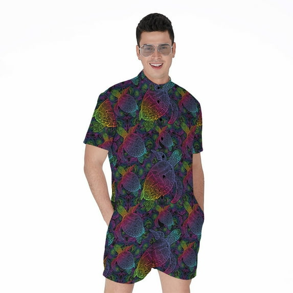 Colorful Sea Turtle Pattern Short Sleeve Men'S Rompers, Turtle Lover Present Casual Summer Jumpsuits Outfit