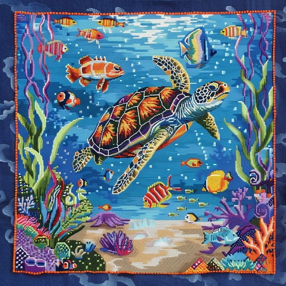 Colorful Sea Turtle Swim Ocen Landscape DIY 11CT Stamped Cross Stitch Kits for Beginners Easy Needlepoint Embroidery Counted Cross Stitch Art Craft for Wall Decoration 16x16inch(6)