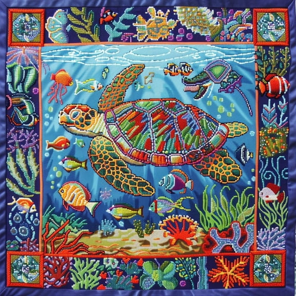 Colorful Sea Turtle Swim Ocen Landscape DIY 11CT Stamped Cross Stitch Kits for Beginners Easy Needlepoint Embroidery Counted Cross Stitch Art Craft for Wall Decoration 16x16inch(15)