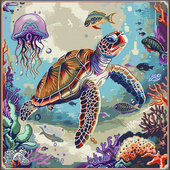 Colorful Sea Turtle Swim Ocen Landscape DIY 11CT Stamped Cross Stitch Kits for Beginners Easy Needlepoint Embroidery Counted Cross Stitch Art Craft for Wall Decoration 16x16inch(4)