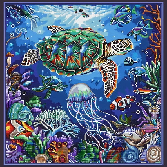 Colorful Sea Turtle Swim Ocen Landscape DIY 11CT Stamped Cross Stitch Kits for Beginners Easy Needlepoint Embroidery Counted Cross Stitch Art Craft for Wall Decoration 16x16inch(1)