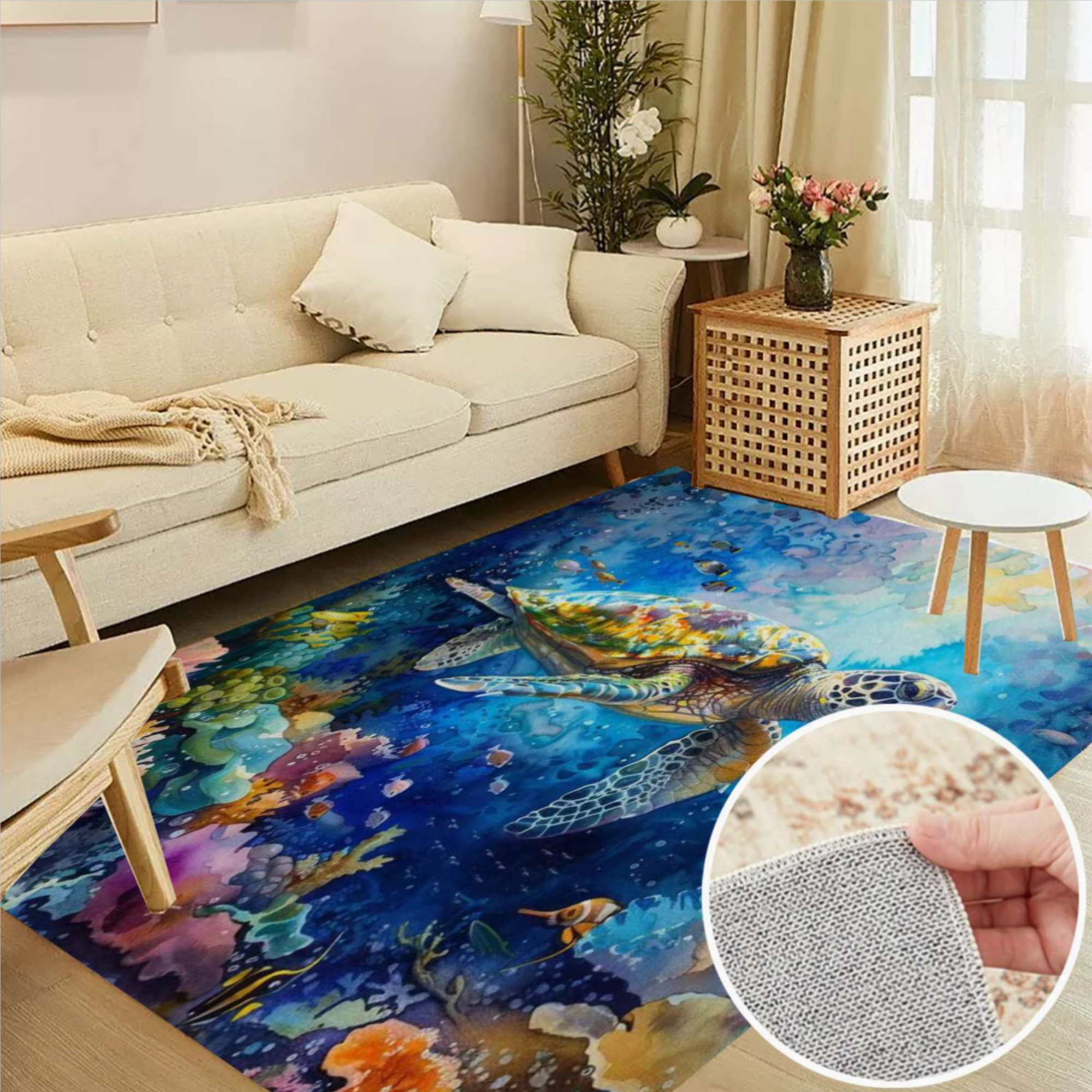 Turtle Kitchen Rug Colorful Sea Turtle Swimming Among Vibrant Coral Reef Soft Large Area ...