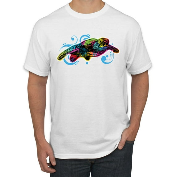 Colorful Sea Turtle Swimming Animal Lover Men's Graphic T-Shirt, White, 2XL