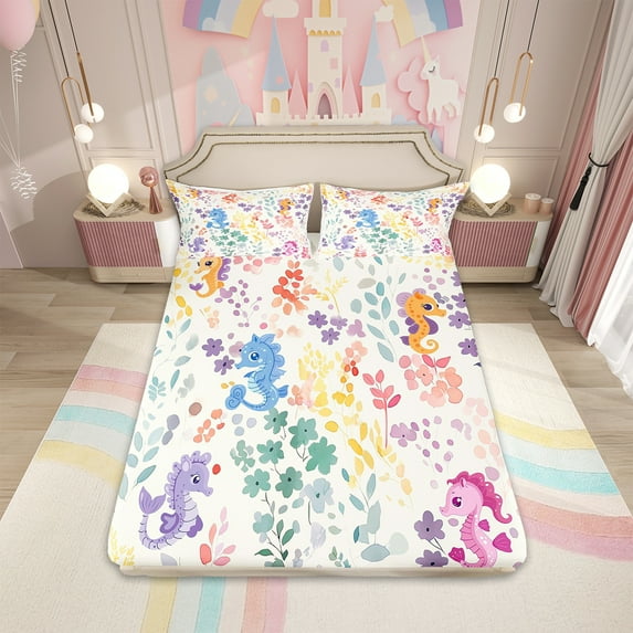 Colorful Seahorse Queen Bed&nbsp;Sheets Set,Ocean Sea Animal Seahorse Bedding Set for Kids Girls Boys,Watercolor Floral Leaf Sheets Marine Life Nautical Fitted Sheet Set 4Pcs