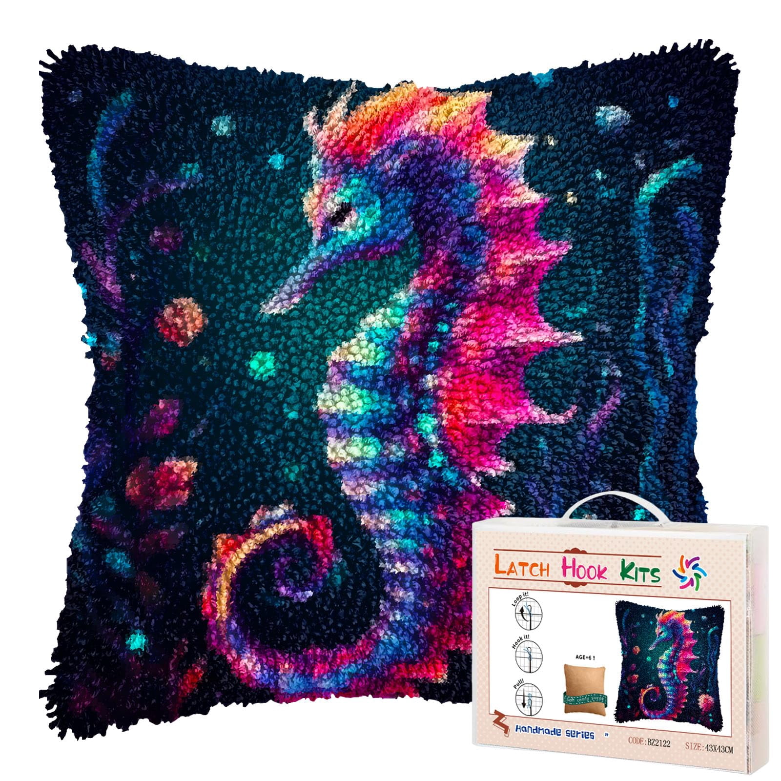 Colorful Seahorse in Sea DIY Latch Hook Pillow Kits for Adults Printed Pillowcase Crochet Yarns Hooking Handmade Pillow Cover Cushion for Home Sofa Decoration 17x17inch