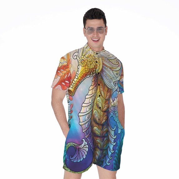 Colorful Seahorse Short Sleeve Men'S Rompers, Sea Ocean Casual Summer Jumpsuits Outfit