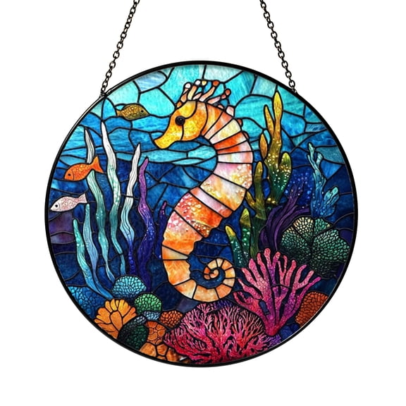 Colorful Seahorse Stained Glass Suncatcher Window Hanging, Coral Reef and Fish Round Glass Art Panel, Underwater Ocean Scene Window Decor, Decorative Hanging Ornament for Home or Coastal Vibes