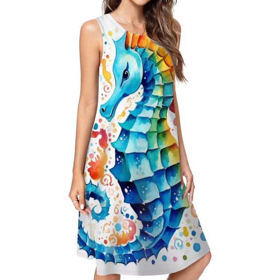 Colorful Seahorse Watercolor Spring Summer Dresses For Women Fashion Dress Casual Sleeveless Loose Sundress With Pockets