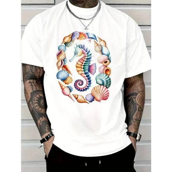 Colorful Seahorse Womens Graphic Tee Shirt Seashell Print Casual Short Sleeve Crew Neck Tops White S-5XL