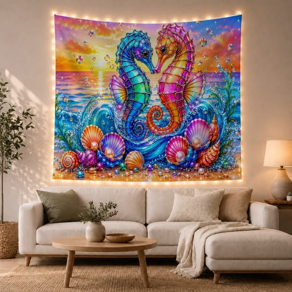 Colorful Seahorses in Ocean Waves, Serene Coastal Style for Ocean Enthusiasts, Nautical Art Wall Decor, Housewarming Gift, Tapestry Wall Hanging for Living Room and Bedroom