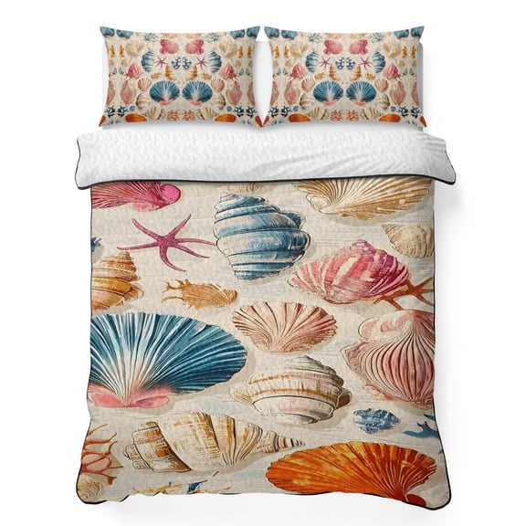 Colorful Seashell 3 Piece Quilt Bedding Set with 2 Pillow Shams, Vinatge Lightweight Bedspread Coverlet, Soft Breathable All Season Quilt, 96 x 106 Inch
