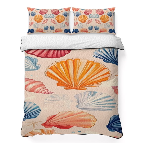 Colorful Seashell 3 Piece Quilt Bedding Set with 2 Pillow Shams, Retro Lightweight Bedspread Coverlet, Soft Breathable All Season Quilt, 79 x 90 Inch