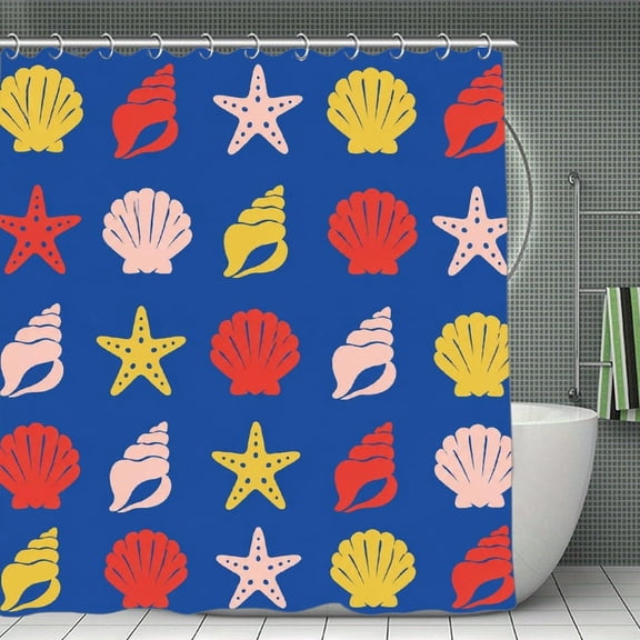 Colorful Seashell Grid Print Shower Curtain,Cloth Fabric Waterproof Polyester Bathroom Home Decor Set with Hooks 70.8×70.8Inch
