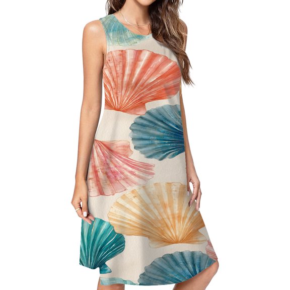 Colorful Seashell Pattern Spring Summer Dresses For Women Fashion Dress Casual Sleeveless Loose Sundress With Pockets