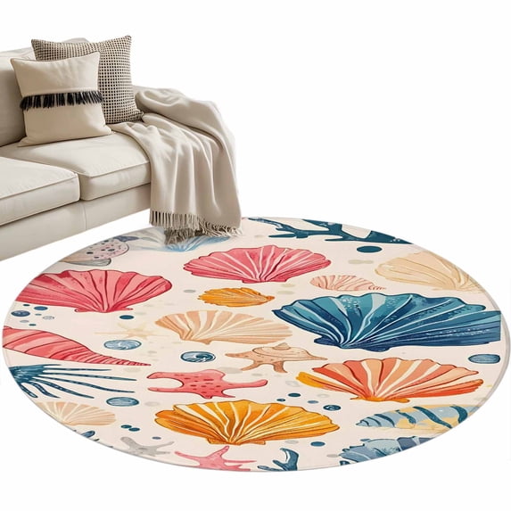 Colorful Seashell Round Area&nbsp;Rug 3ft Coastal Non-Slip&nbsp;Washable Circle Rugs Soft Felt Indoor Floor Mat for Bedroom Kitchen Living Room Bathroom