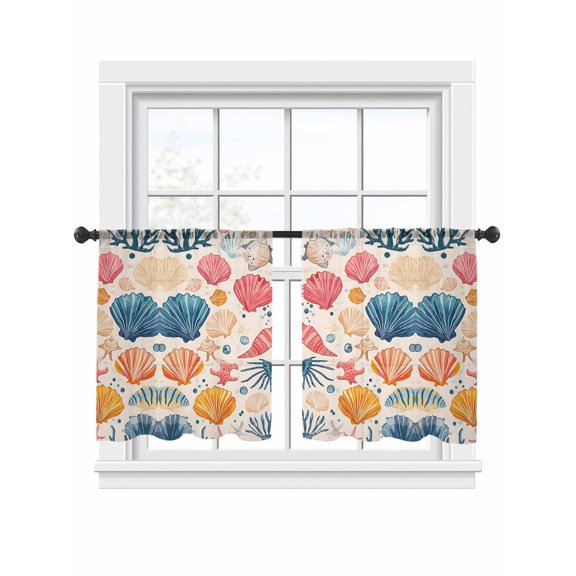 Colorful Seashell Sheer Curtains 54 Inch Long 2 Panels, Coastal Summer Light Filtering Rod Pocket Curtains, Sheer Voile Drapes for Living Room Bedroom, 52"x54"