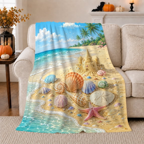 Colorful Seashells And Sandcastle On Tropical Shore, Soft Flannel Blanket with Detailed Tropical Illustration Print, Housewarming Gift and Home Decor for Bedroom and Living Room