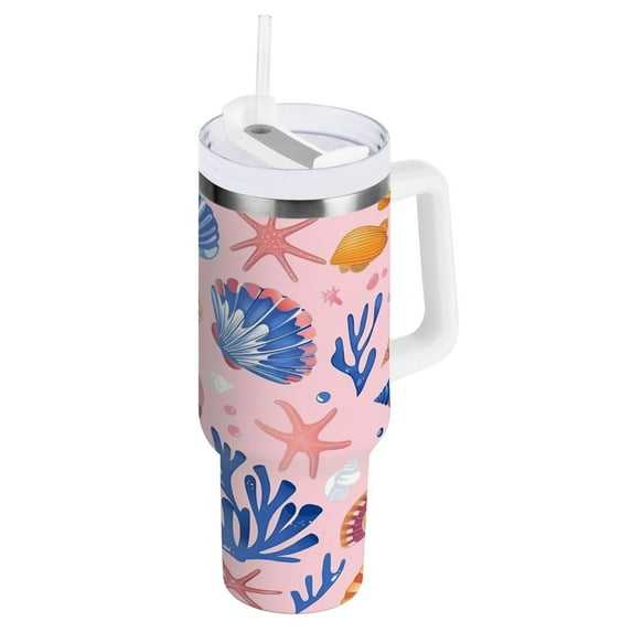 Colorful Seashells Seaweed Tumbler with Handle and Straw Lid 30 oz Insulated Vacuum Water Bottle Stainless Steel Travel Cup