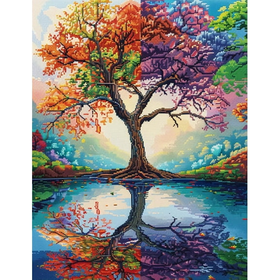Colorful Season Tree in Lake Reflection DIY 11CT Stamped Cross Stitch Kits for Beginners Easy Needlepoint Embroidery Counted Cross Stitch Art Craft for Wall Decoration 12x16inch(4)