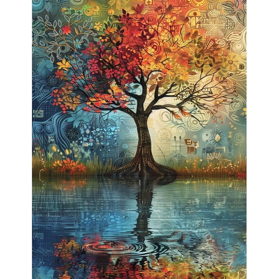 Colorful Season Tree in Lake Reflection DIY 11CT Stamped Cross Stitch Kits for Beginners Easy Needlepoint Embroidery Counted Cross Stitch Art Craft for Wall Decoration 12x16inch(3)
