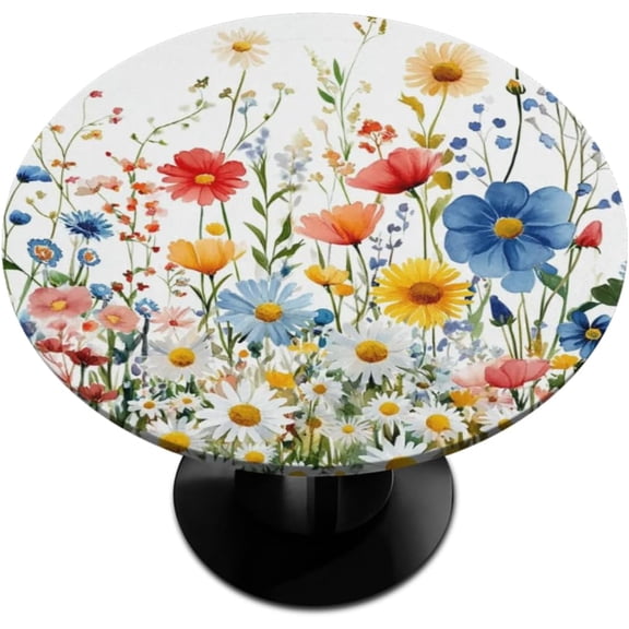 Colorful Seasonal Flower Round Fitted Tablecloth with Elastic Edge 36"-42" Fitted Table Cloth for Round Table Circular Table Cover Waterproof Wipeable Round Elastic Table Cloth
