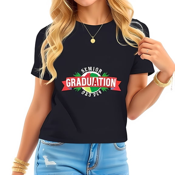 Colorful Senior Graduation Graphic Cotton Short Sleeve T-Shirt for Women - Stylish and Comfortable Design with Festive Greenery and Red Banner