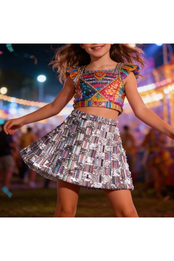 Colorful Sequin A-Line Skirt For Girls Elastic High Waist Sparkly Shiny Finish Soft Comfy Material Sweet Fashion Style For Summer Party And Daily Wear Ages 3â16 Multicolour 120