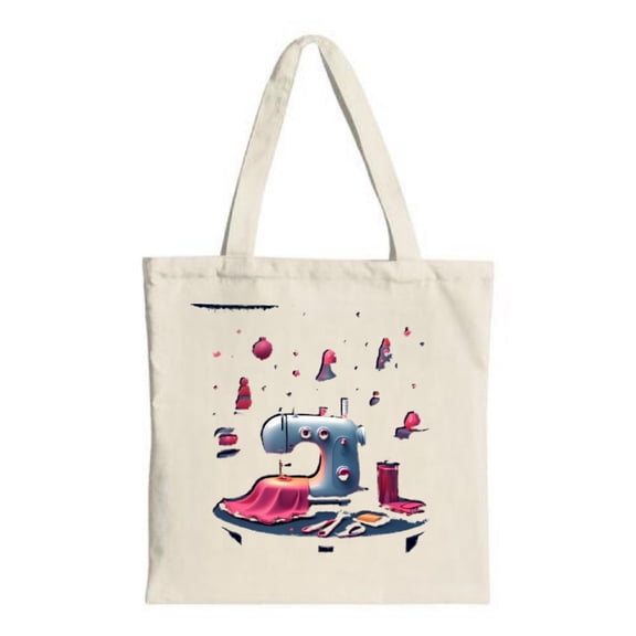 Colorful Sewing Machine Tote Bag - Whimsical Design with Fabric Pieces & Buttons Perfect for Shopping Travel & Parties