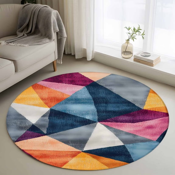 Colorful Shabby Rhombus Round Rug 3ft Washable Circle Entryway Rugs Non Slip Vintage Abstract Art Area Rug Indoor Floor Carpet for Bedroom Kitchen Living Room Home Office Dining Room Nursery