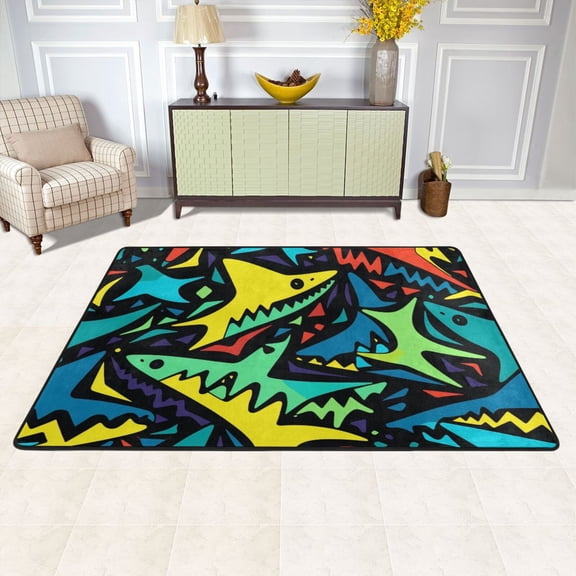 Colorful Sharks Area Rug Washable 72 x 48 Floor Carpet Mat Non Slip for Bedroom Living Room Kids Room Home Decor