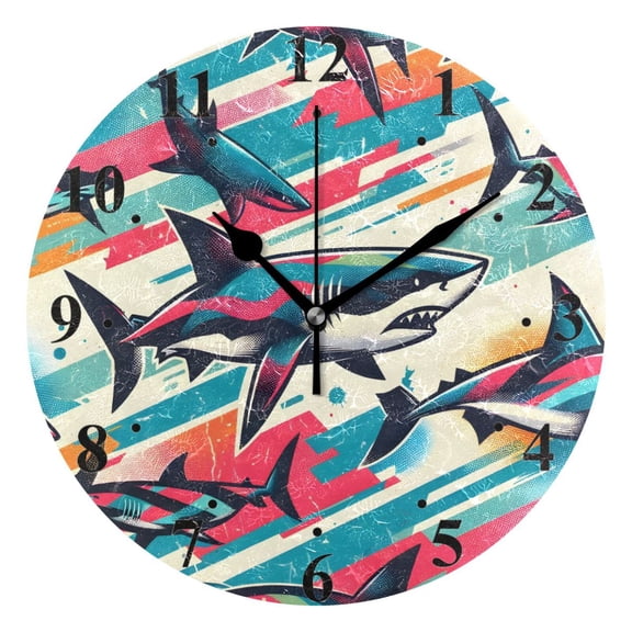 Colorful Sharks Black 10 inch Wall Clocks Non Ticking Easy to Read Battery Decorative for Home Bathroom Kitchen Bedroom Living Room