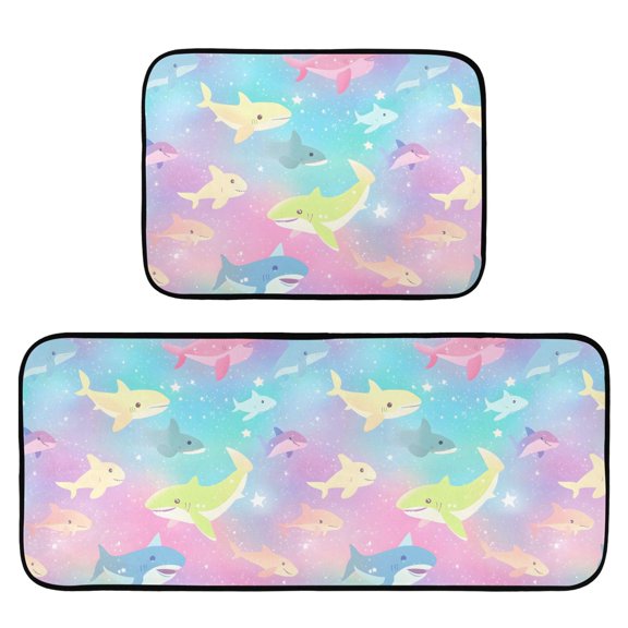 Colorful Sharks Kitchen Mat 2 Piece Non Slip Absorbent carpet Floor Mat 19.7x27.6in+19.7x47.2in