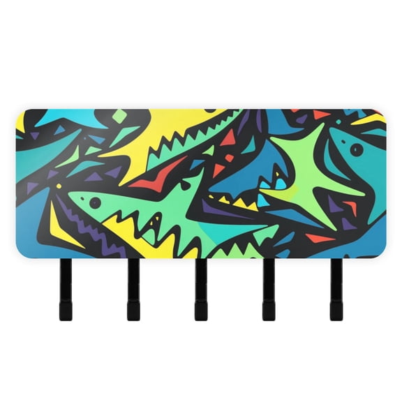 Colorful Sharks Mail Holder Organizer Wall Mount with Shelf Key Holder Key Rack with 5 Key Hooks for Wall Decorative